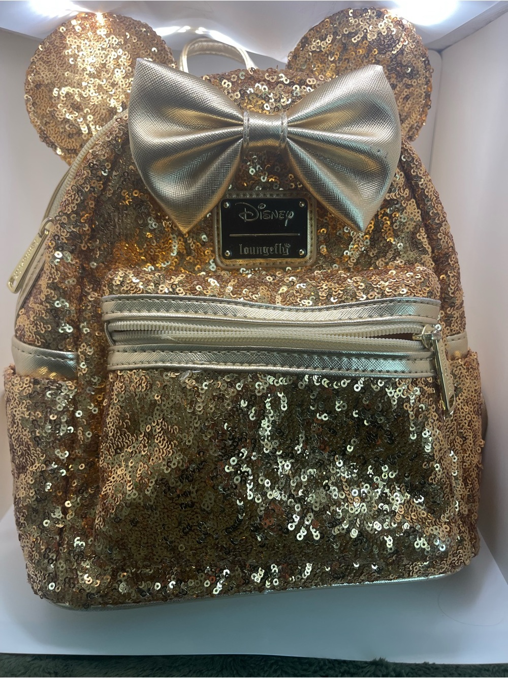Loungefly Gold Sequin Minnie Backpack with Metallic Bow